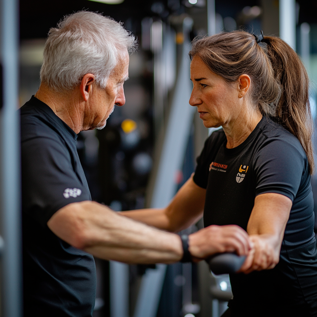 Персональний тренер працює з клієнтом в залі, складаючи індивідуальну програму тренувань